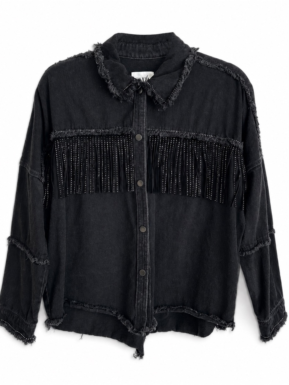 Zara Black Denim Rhinestone Fringe Oversized Jacket Size Small - Picture 2 of 15